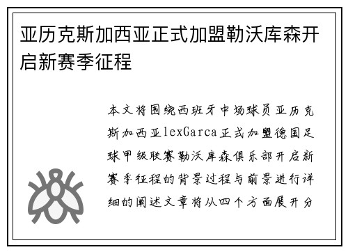 亚历克斯加西亚正式加盟勒沃库森开启新赛季征程